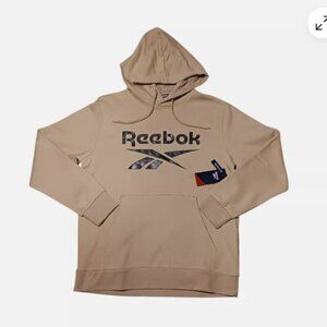 Reebok Hoodie Mens Size Large Beige Fleece Logo Long Sleeve Pullover Regular Fit